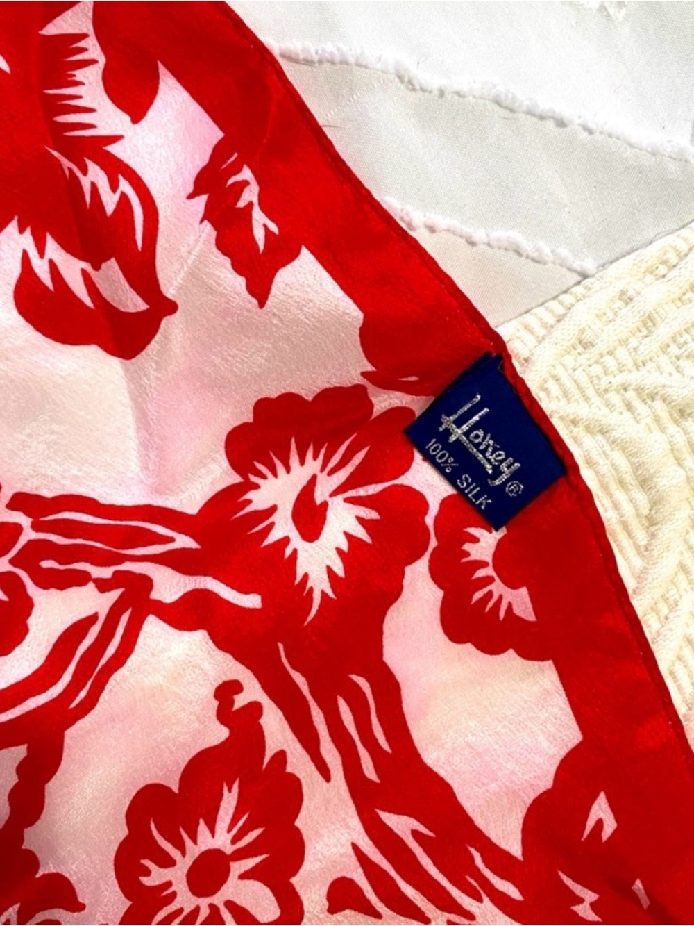 Honey Brand Red Floral Silk Scarf - Bold Red on White - Picture 2 of 2